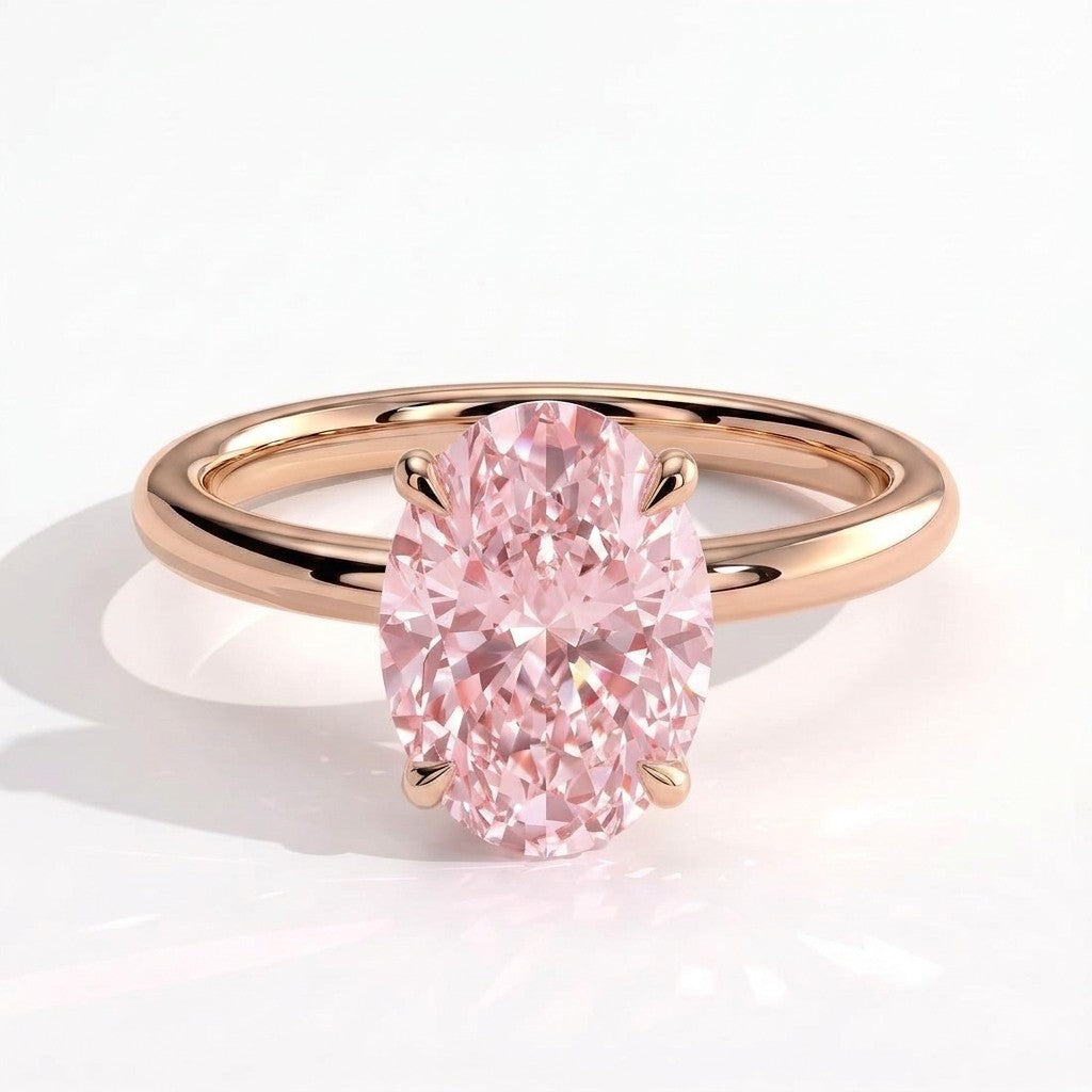 Fancy Vivid Pink oval lab-grown diamond engagement ring with wrap-around hidden halo in 14K (585) rose gold, front view 