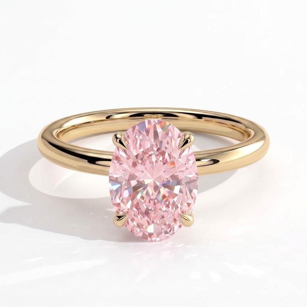 Fancy Vivid Pink oval lab-grown diamond engagement ring with wrap-around hidden halo in 14K (585) yellow gold, front view 