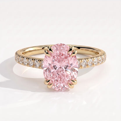 Fancy Vivid Pink oval lab-grown diamond double claw engagement ring with pavé band and hidden halo in 14K (585) yellow gold, front view 