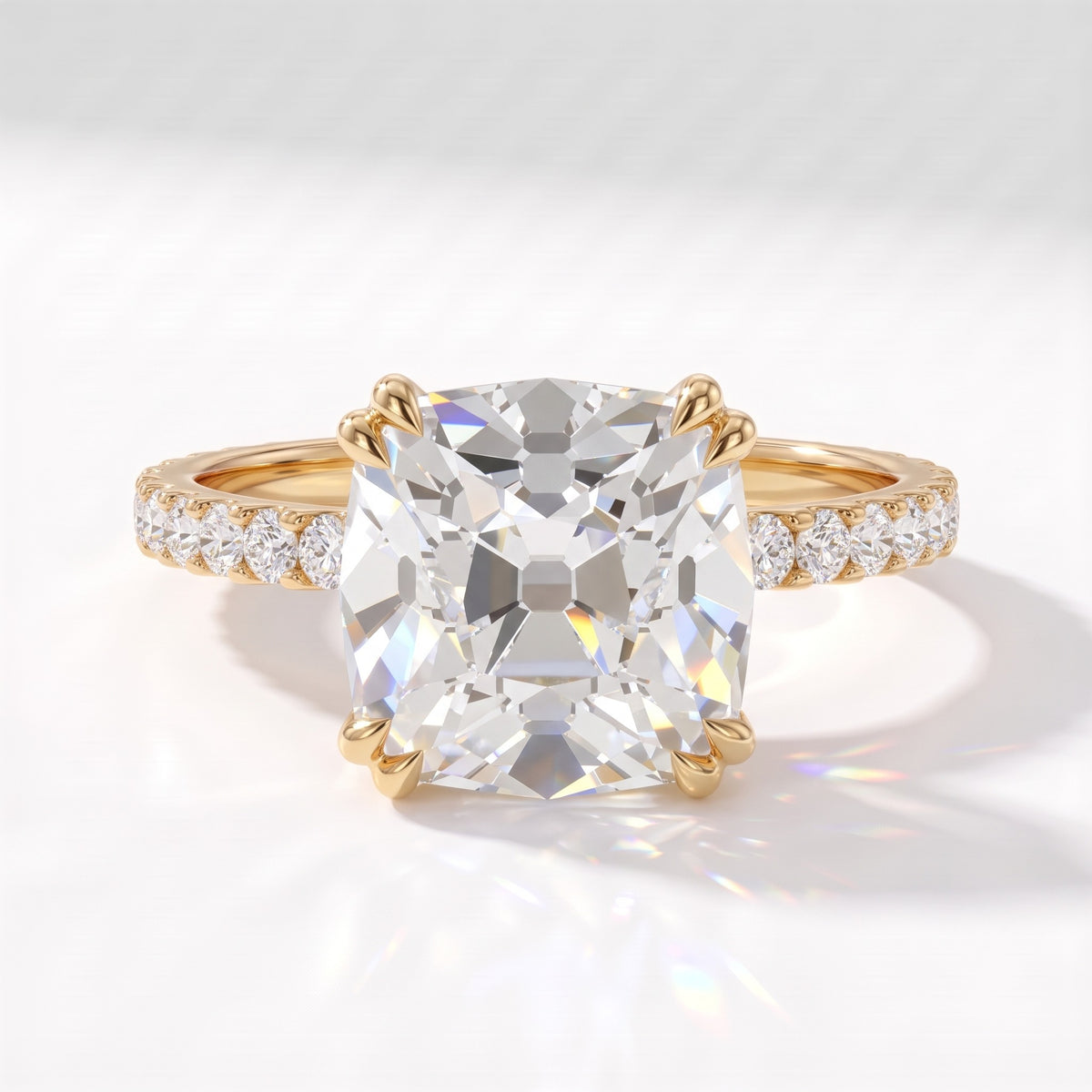 Old mine cushion lab-grown diamond vintage solitaire engagement ring with pavé band in 14K (585) yellow gold, front view 