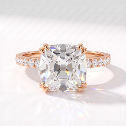 Old mine cushion lab-grown diamond vintage solitaire engagement ring with pavé band in 18K (750) rose gold, front view 