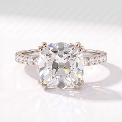 Old mine cushion lab-grown diamond vintage solitaire engagement ring with pavé band in 18K (750) white gold, front view 