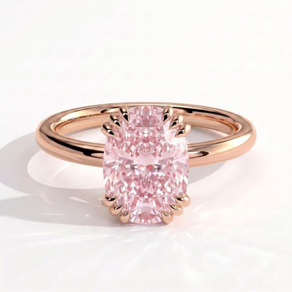 Fancy Vivid Pink elongated cushion lab-grown diamond solitaire engagement ring with triple claw prongs in 14K (585) rose gold, front view 