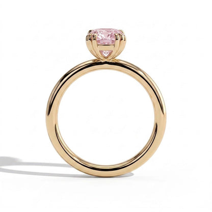 Fancy Vivid Pink elongated cushion lab-grown diamond solitaire engagement ring with triple claw prongs in 14K (585) yellow gold, side profile 