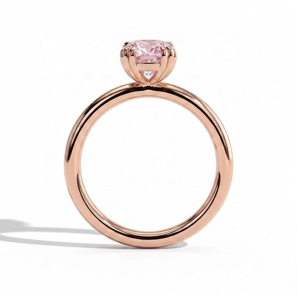 Fancy Vivid Pink elongated cushion lab-grown diamond solitaire engagement ring with triple claw prongs in 18K (750) rose gold, side profile 