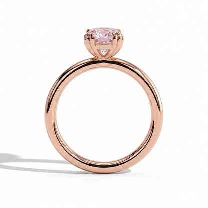 Fancy Vivid Pink elongated cushion lab-grown diamond solitaire engagement ring with triple claw prongs in 18K (750) rose gold, side profile 