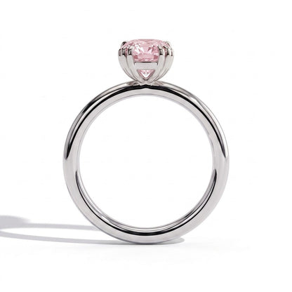 Fancy Vivid Pink elongated cushion lab-grown diamond solitaire engagement ring with triple claw prongs in 18K (750) white gold, side profile 