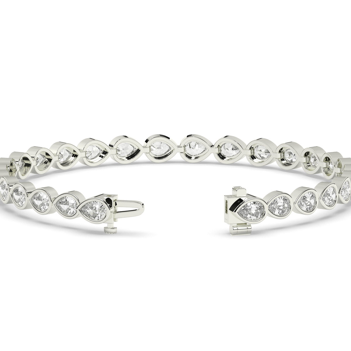 Rina Tennisarmband mit Labordiamanten im Tropfenschliff mit Zargenfassung aus 585 Weißgold, Verschluss geöffnet, Detailansicht 