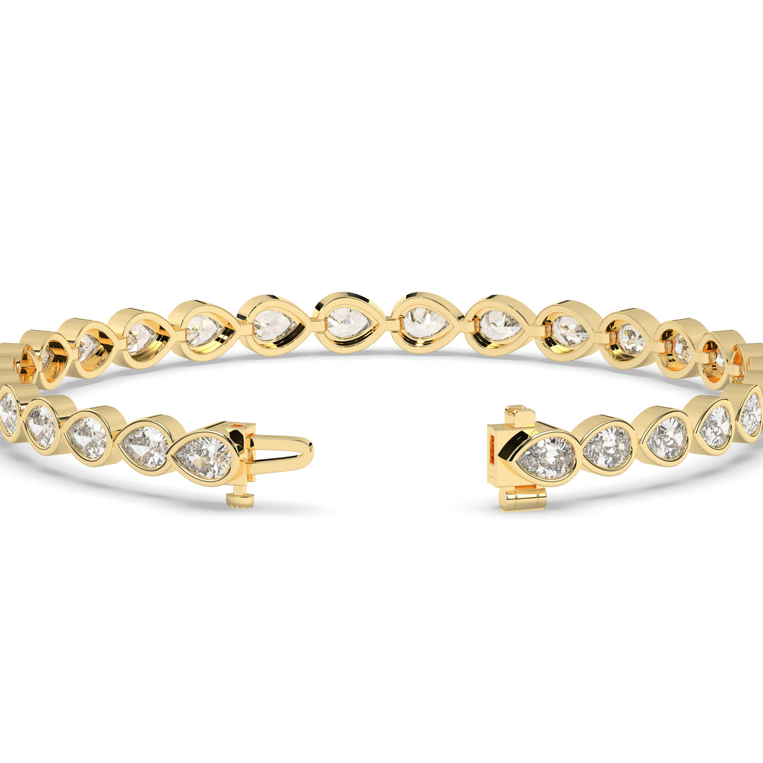 Rina Tennisarmband mit Labordiamanten im Tropfenschliff mit Zargenfassung aus 585 Gelbgold, Verschluss geöffnet, Detailansicht 