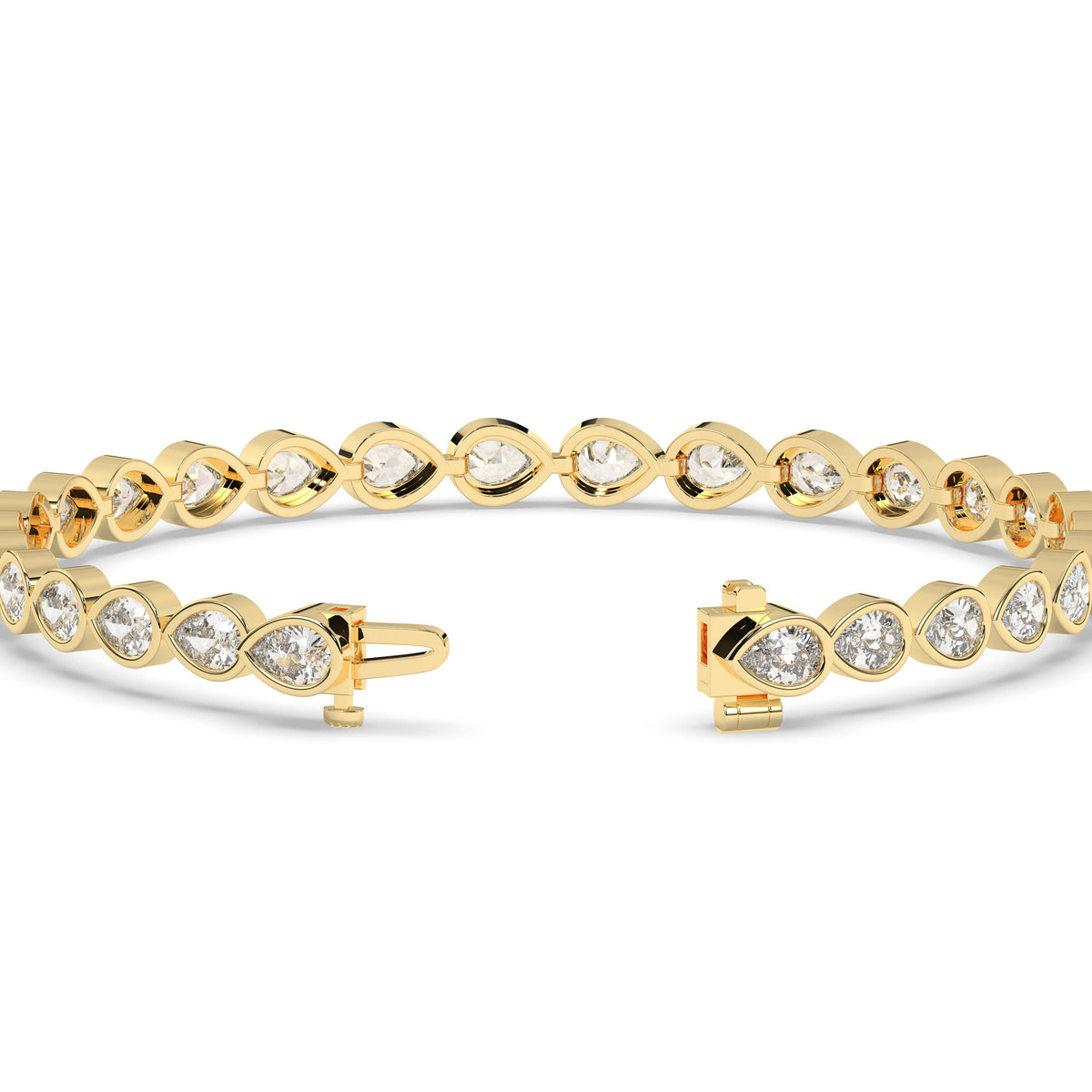 Rina Tennisarmband mit Labordiamanten im Tropfenschliff mit Zargenfassung aus 585 Gelbgold, Verschluss geöffnet, Detailansicht 