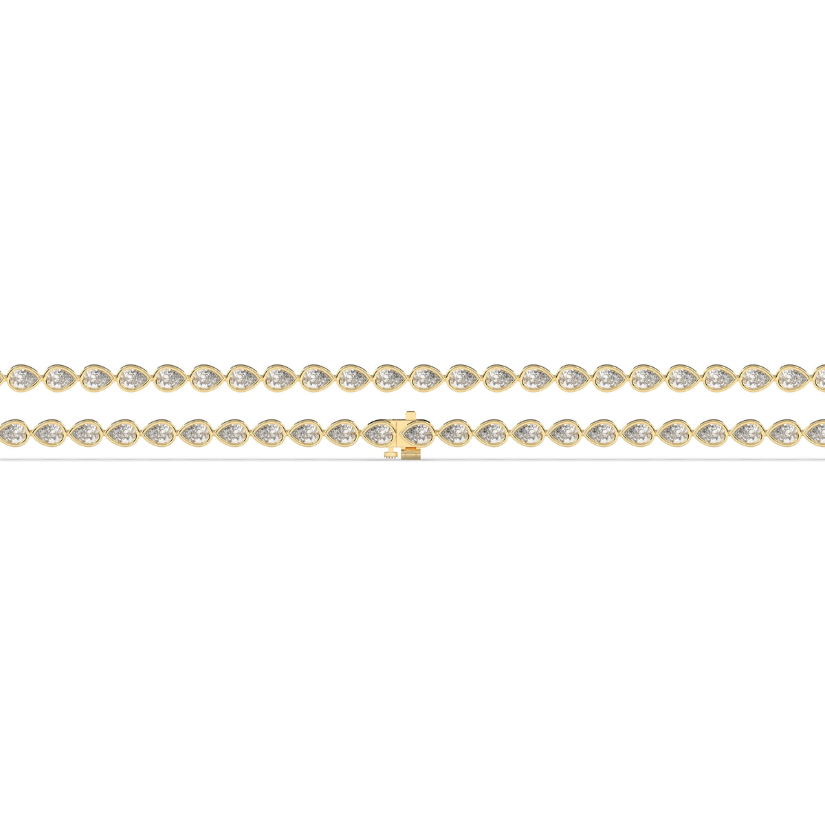 Rina Tennisarmband mit Labordiamanten im Tropfenschliff mit Zargenfassung aus 585 Gelbgold, flach liegend, volle Länge 