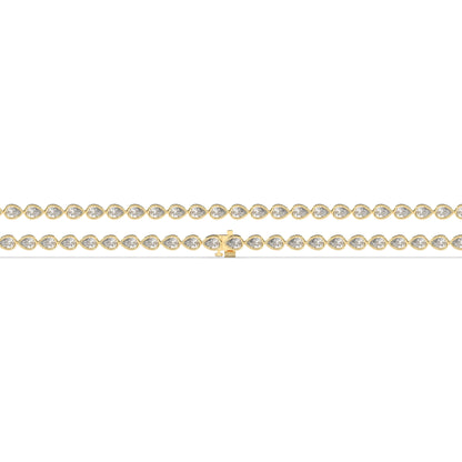 Rina Tennisarmband mit Labordiamanten im Tropfenschliff mit Zargenfassung aus 585 Gelbgold, flach liegend, volle Länge 