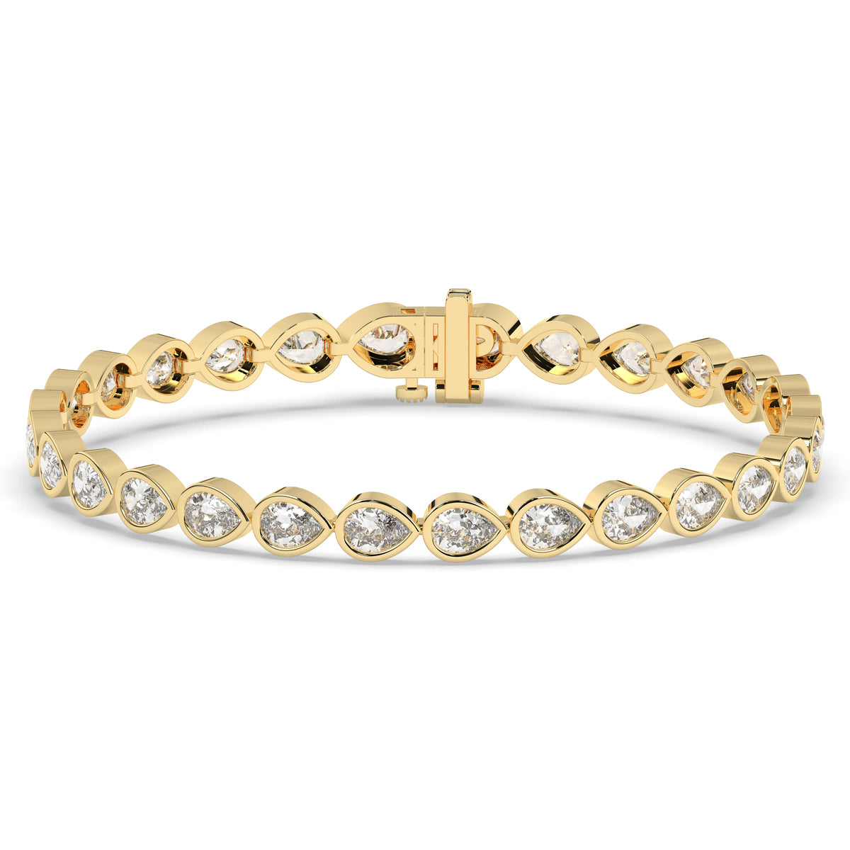 Rina Tennisarmband mit Labordiamanten im Tropfenschliff mit Zargenfassung aus 585 Gelbgold, Vorderansicht 