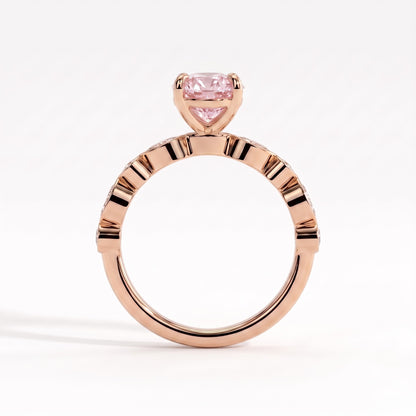 Fancy Vivid Pink oval lab-grown diamond engagement ring with bezel-set pear and round shoulder accents in 14K (585) rose gold, side profile 