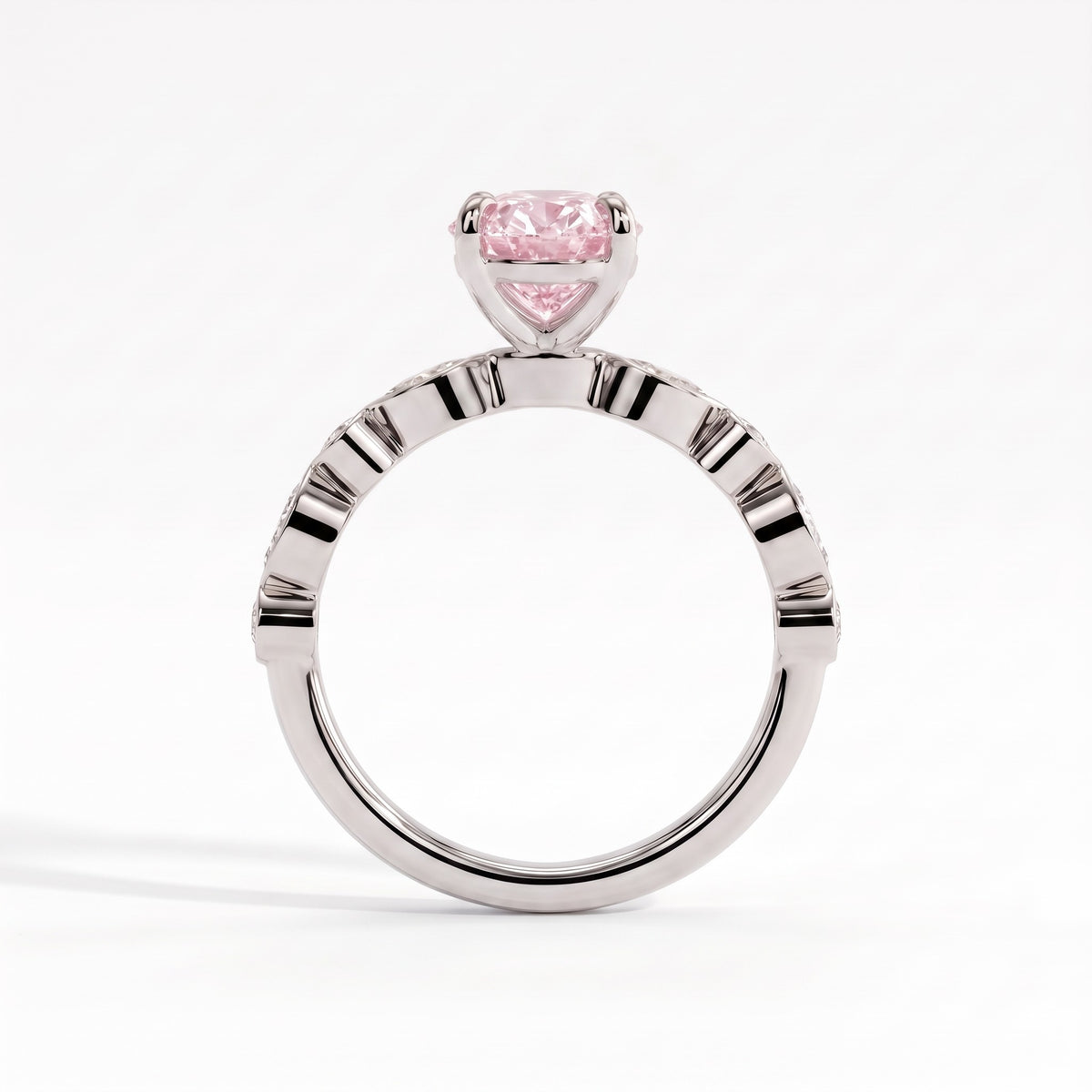 Fancy Vivid Pink oval lab-grown diamond engagement ring with bezel-set pear and round shoulder accents in 14K (585) white gold, side profile 