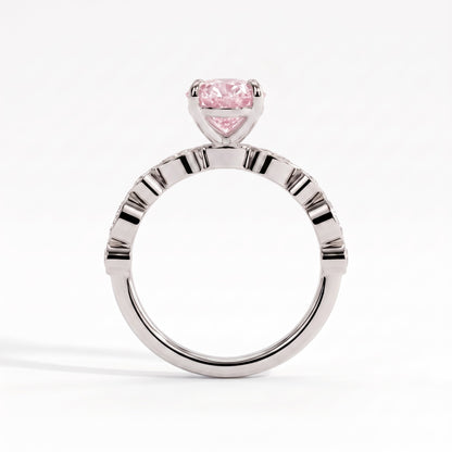 Fancy Vivid Pink oval lab-grown diamond engagement ring with bezel-set pear and round shoulder accents in 14K (585) white gold, side profile 