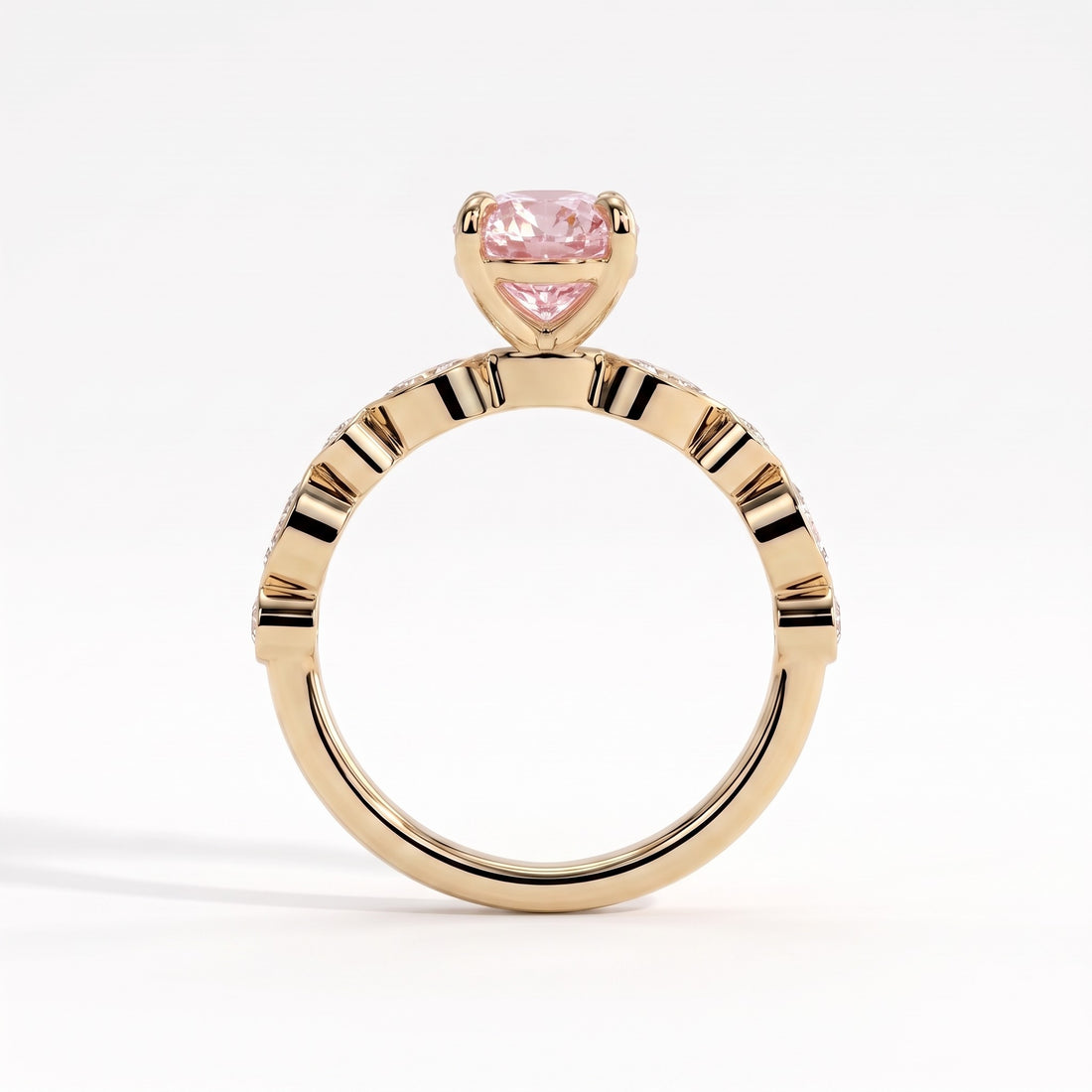 Fancy Vivid Pink oval lab-grown diamond engagement ring with bezel-set pear and round shoulder accents in 14K (585) yellow gold, side profile 