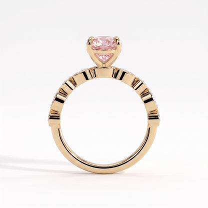 Fancy Vivid Pink oval lab-grown diamond engagement ring with bezel-set pear and round shoulder accents in 14K (585) yellow gold, side profile 
