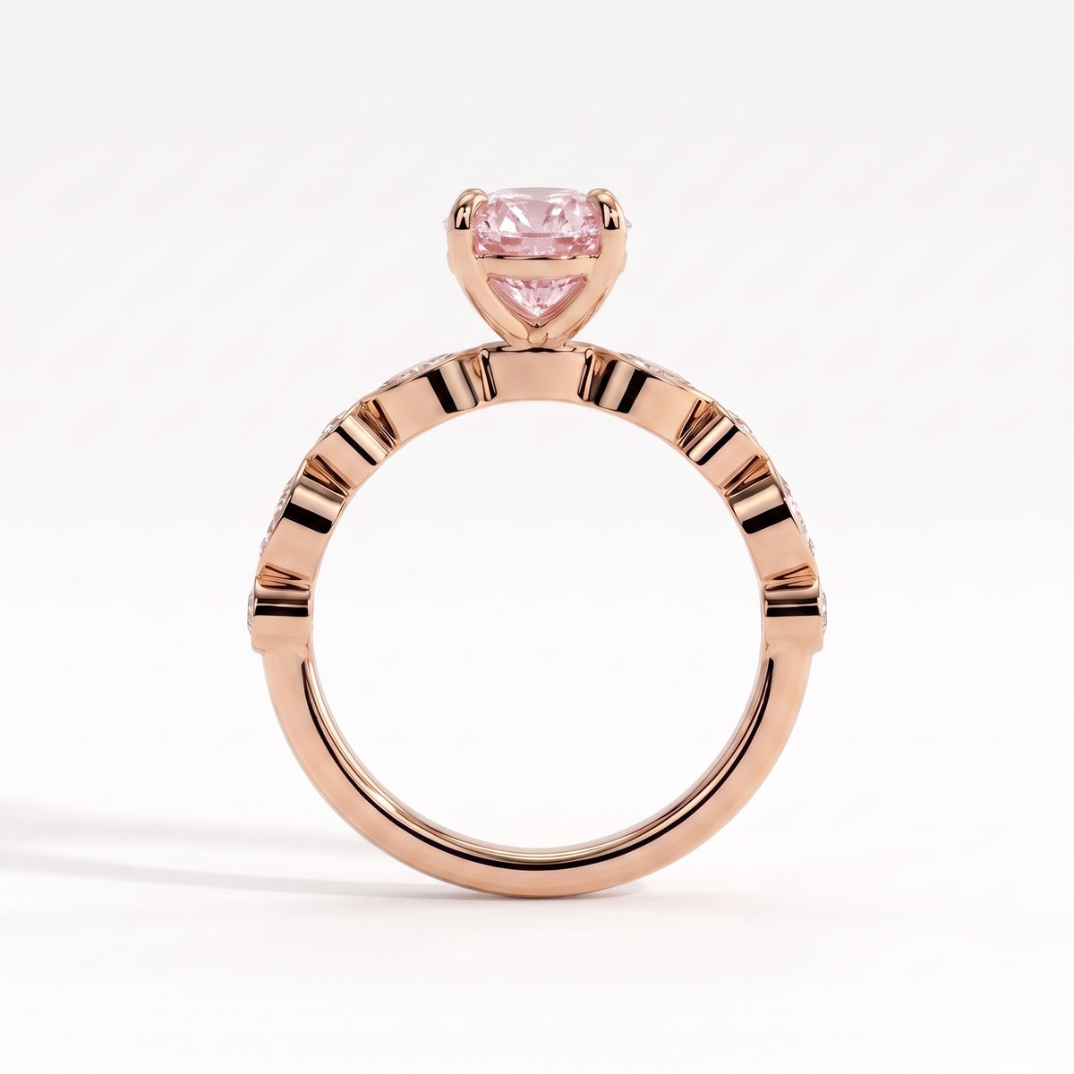 Fancy Vivid Pink oval lab-grown diamond engagement ring with bezel-set pear and round shoulder accents in 18K (750) rose gold, side profile 
