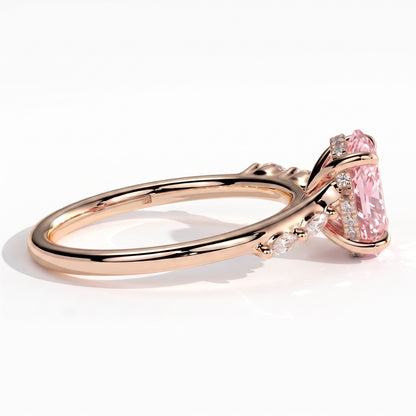 Fancy Vivid Pink oval lab-grown diamond hidden halo engagement ring with marquise accents in 14K (585) rose gold, detail view of the marquise accents 