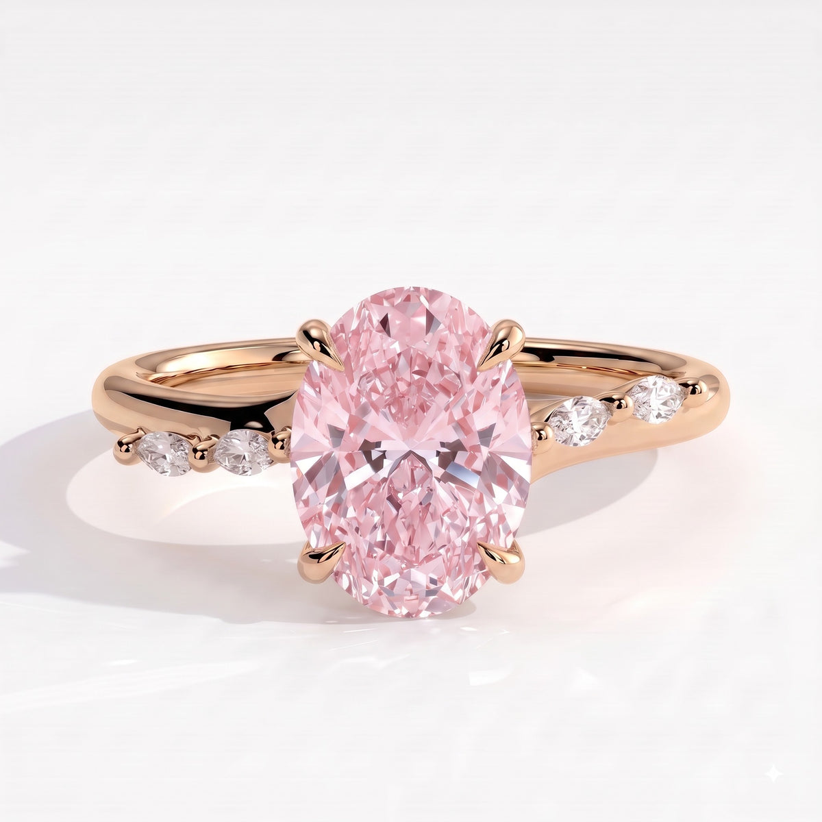 Fancy Vivid Pink oval lab-grown diamond hidden halo engagement ring with marquise accents in 14K (585) rose gold, front view 