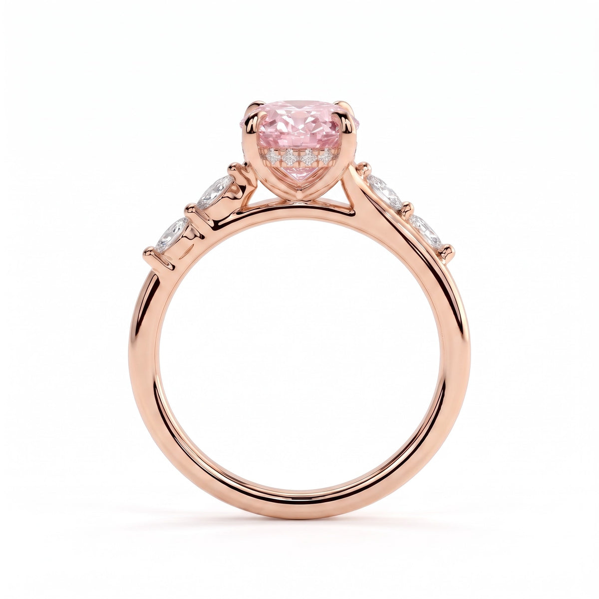 Fancy Vivid Pink oval lab-grown diamond hidden halo engagement ring with marquise accents in 14K (585) rose gold, side profile showing the hidden halo 