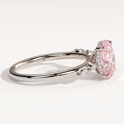 Fancy Vivid Pink oval lab-grown diamond hidden halo engagement ring with marquise accents in 14K (585) white gold, detail view of the marquise accents 