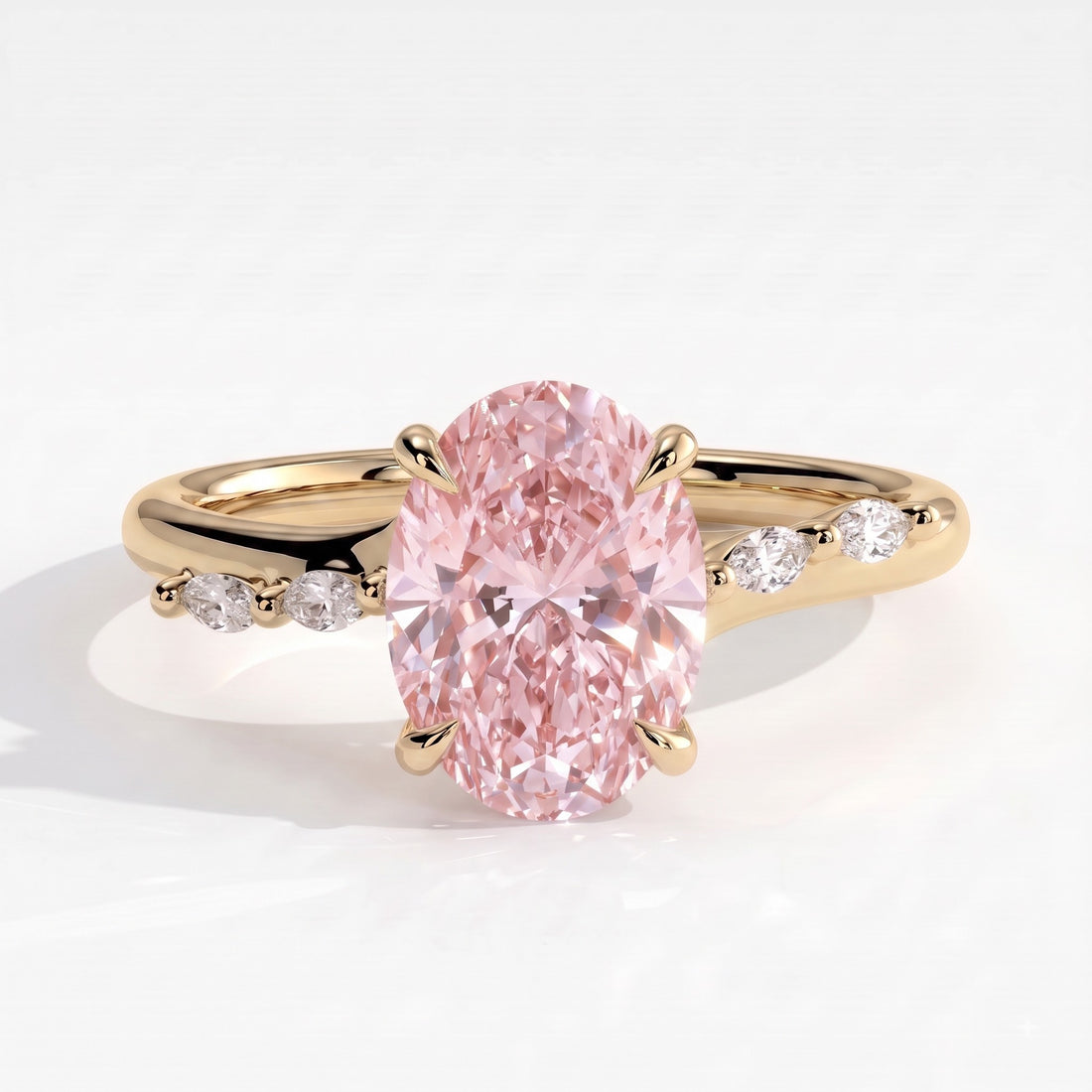 Fancy Vivid Pink oval lab-grown diamond hidden halo engagement ring with marquise accents in 14K (585) yellow gold, front view 