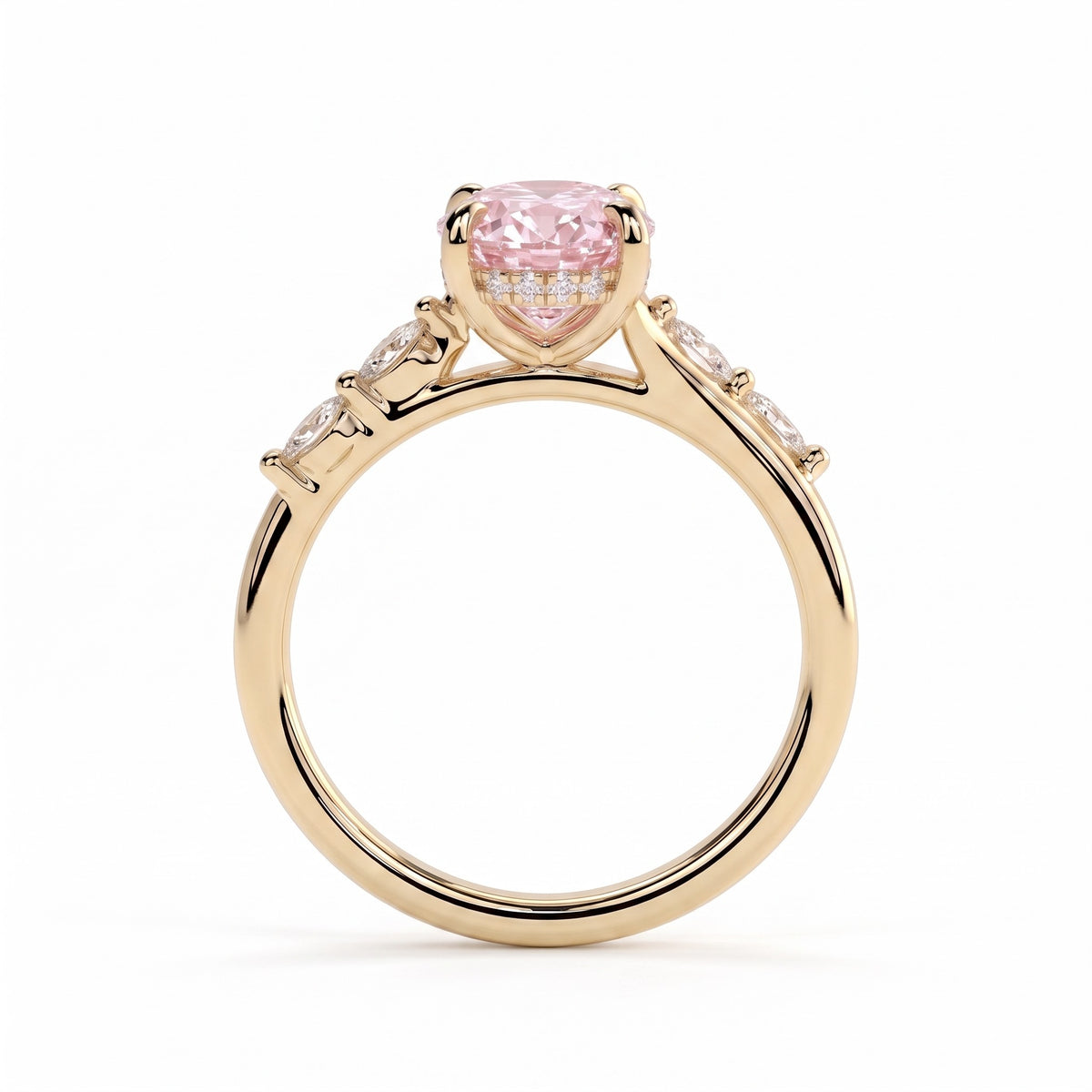 Fancy Vivid Pink oval lab-grown diamond hidden halo engagement ring with marquise accents in 14K (585) yellow gold, side profile showing the hidden halo 