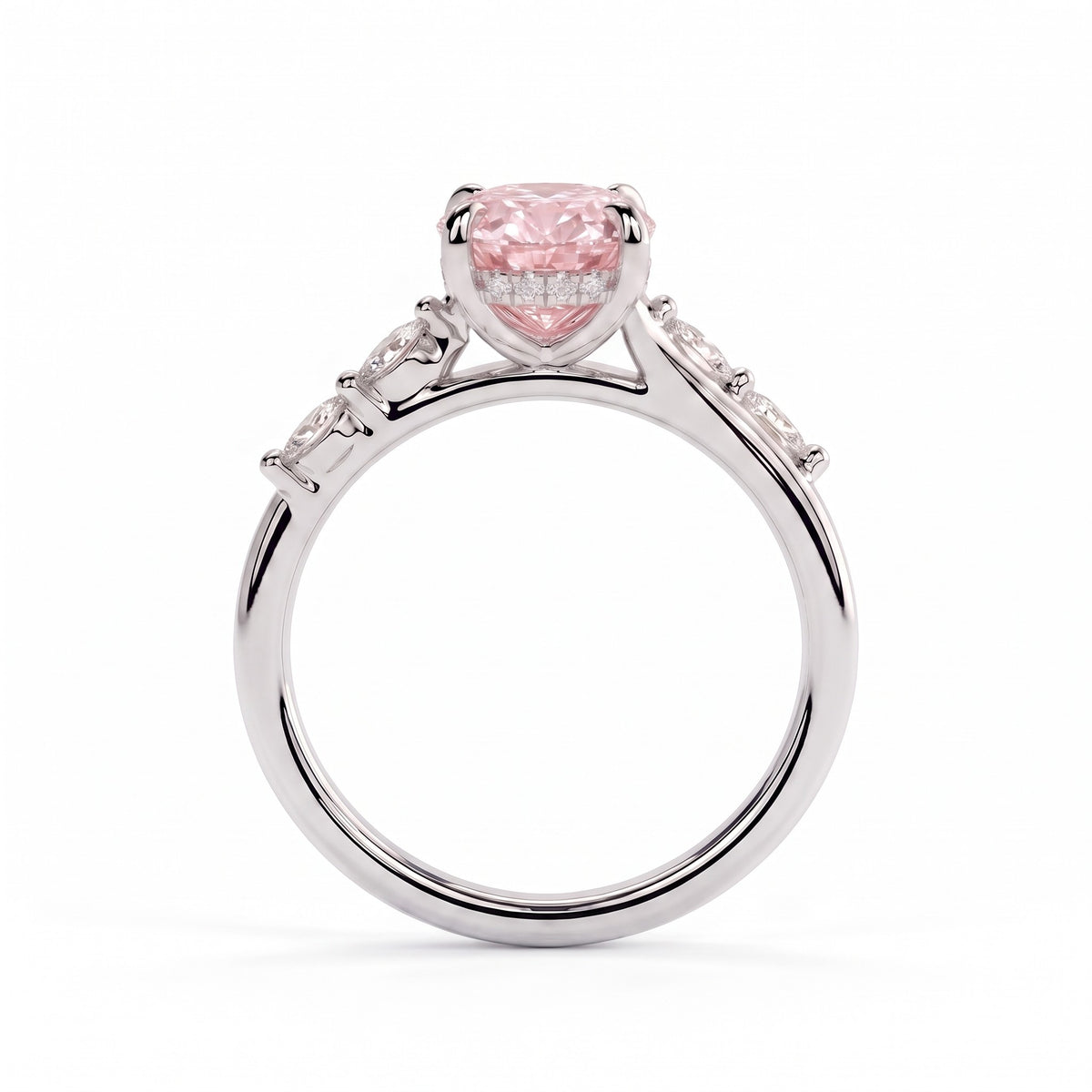 Fancy Vivid Pink oval lab-grown diamond hidden halo engagement ring with marquise accents in 18K (750) white gold, side profile showing the hidden halo 