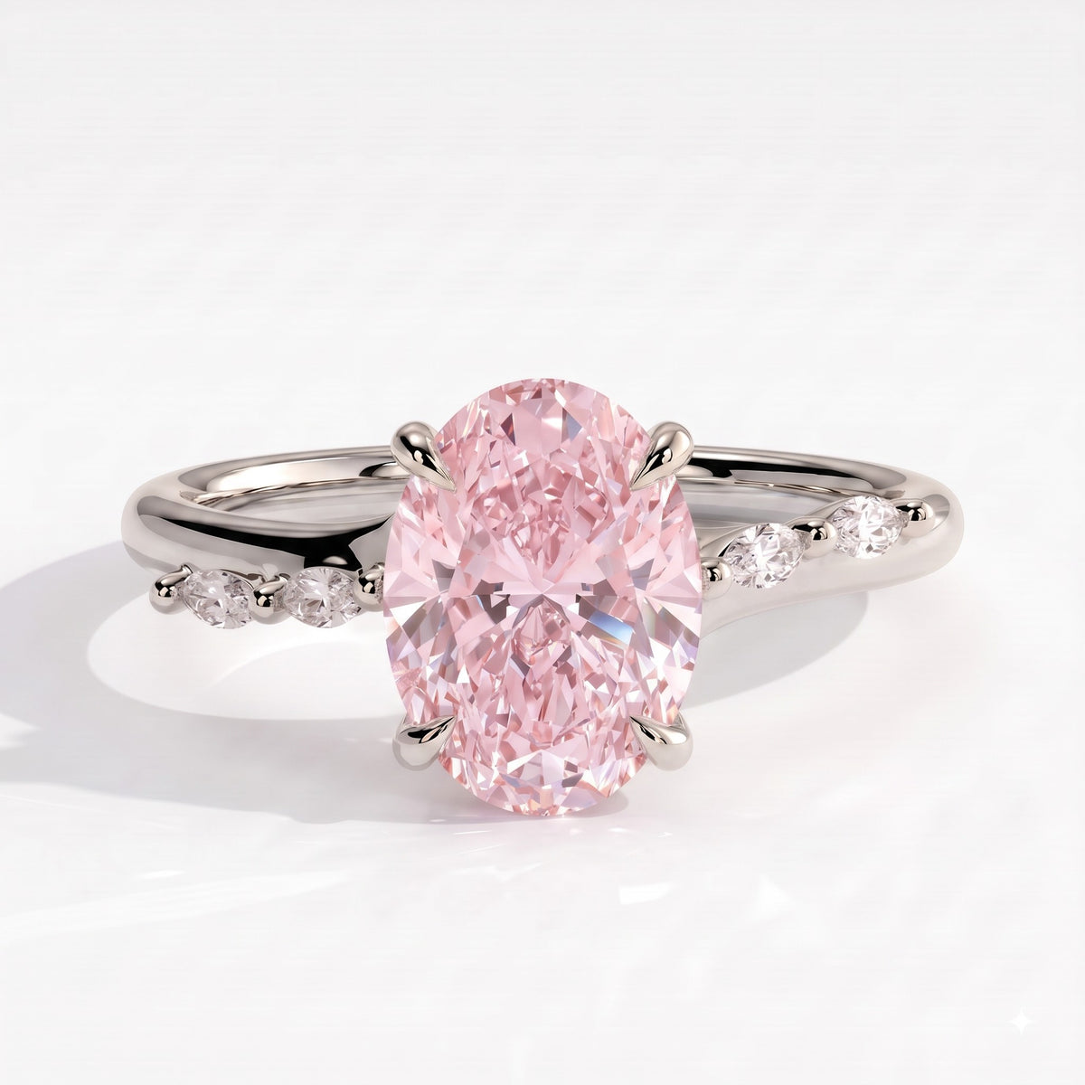 Fancy Vivid Pink oval lab-grown diamond hidden halo engagement ring with marquise accents in 950 platinum, front view 