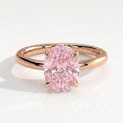 Fancy Vivid Pink oval lab-grown diamond solitaire engagement ring in 18K (750) rose gold, front view 
