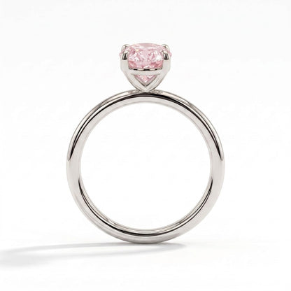 Fancy Vivid Pink oval lab-grown diamond solitaire engagement ring in 18K (750) white gold, side profile 