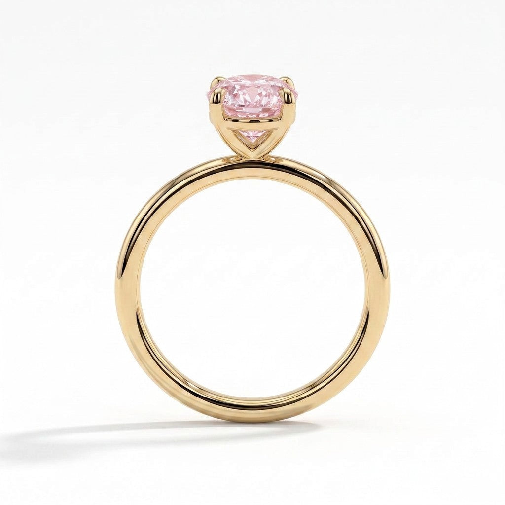 Fancy Vivid Pink oval lab-grown diamond solitaire engagement ring in 18K (750) yellow gold, side profile 