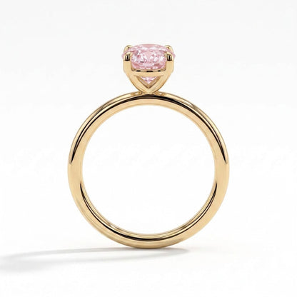 Fancy Vivid Pink oval lab-grown diamond solitaire engagement ring in 18K (750) yellow gold, side profile 