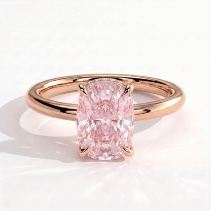 Fancy Vivid Pink elongated cushion lab-grown diamond engagement ring with wrap-around hidden halo in 14K (585) rose gold, front view 