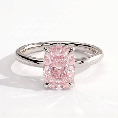 Fancy Vivid Pink elongated cushion lab-grown diamond engagement ring with wrap-around hidden halo in 14K (585) white gold, front view 