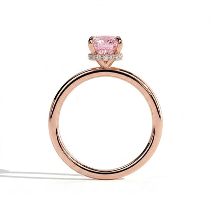 Fancy Vivid Pink elongated cushion lab-grown diamond engagement ring with wrap-around hidden halo in 18K (750) rose gold, side profile showing the hidden halo 