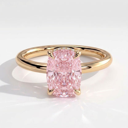 Fancy Vivid Pink elongated cushion lab-grown diamond engagement ring with wrap-around hidden halo in 18K (750) yellow gold, front view 