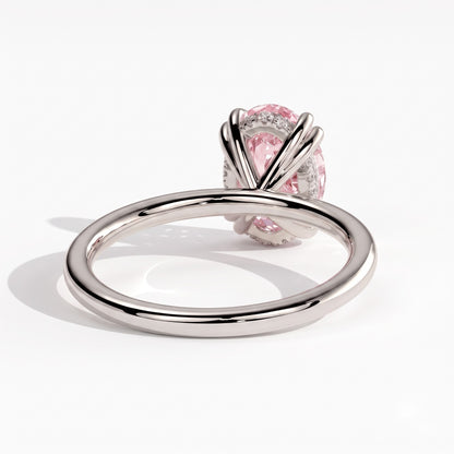 Fancy Vivid Pink oval lab-grown diamond double claw engagement ring with hidden halo in 14K (585) white gold, back view 