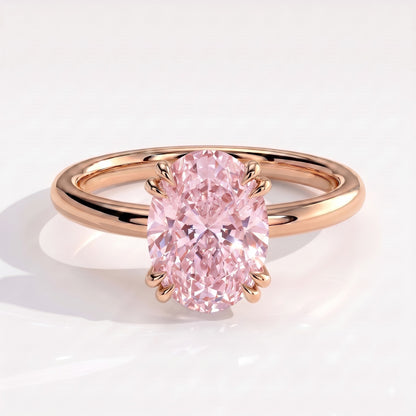 Fancy Vivid Pink oval lab-grown diamond double claw engagement ring with hidden halo in 18K (750) rose gold, front view 