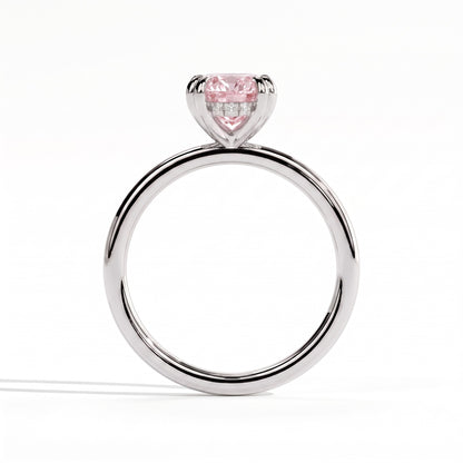 Fancy Vivid Pink oval lab-grown diamond double claw engagement ring with hidden halo in 18K (750) white gold, side profile showing the hidden halo 