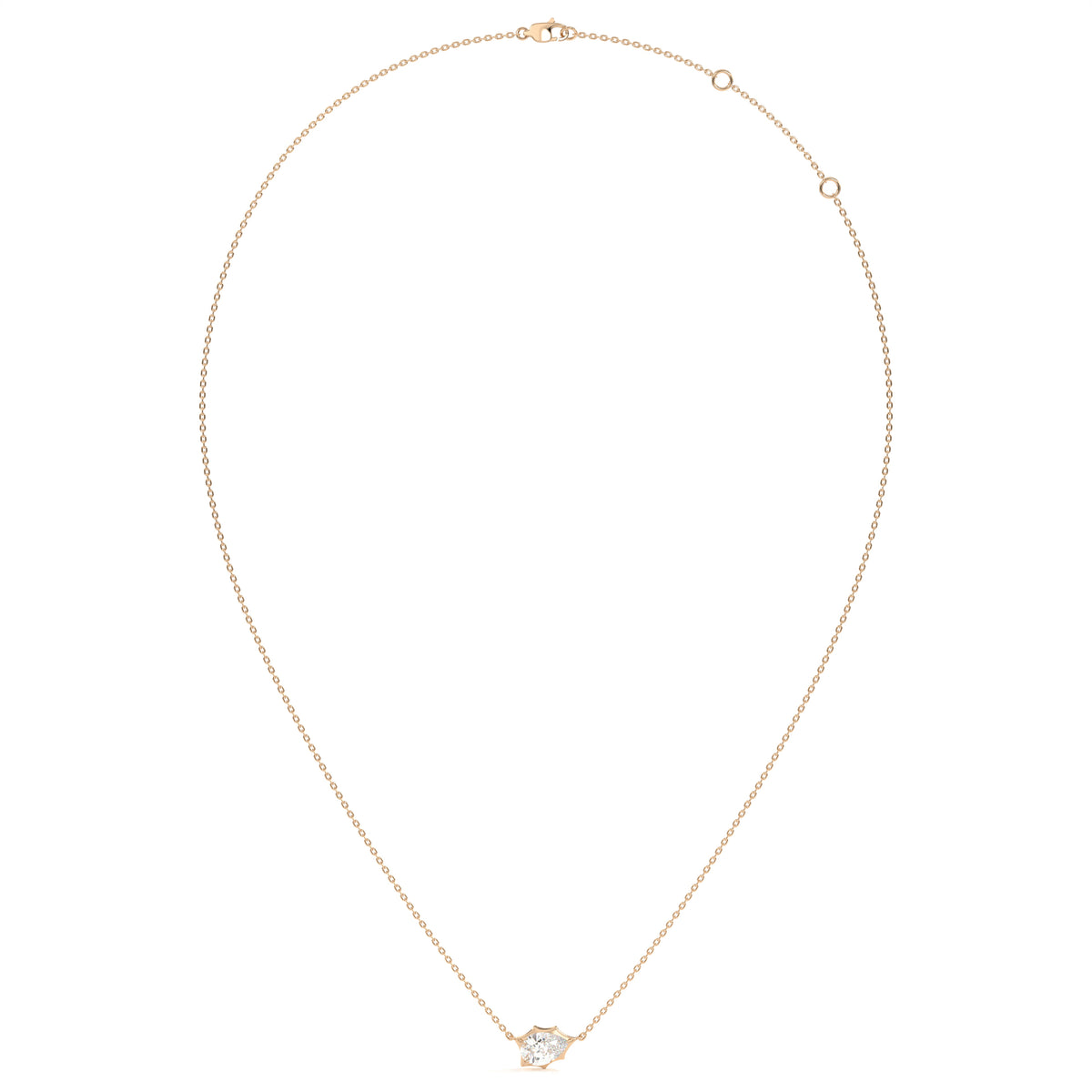 Sienna Halskette mit quer gefasstem Labordiamanten im Tropfenschliff aus 585 Roségold, Ansicht der ganzen Kette 