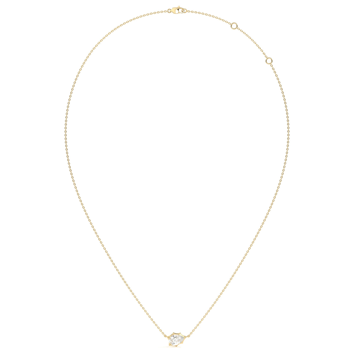 Sienna Halskette mit quer gefasstem Labordiamanten im Tropfenschliff aus 585 Gelbgold, Ansicht der ganzen Kette 