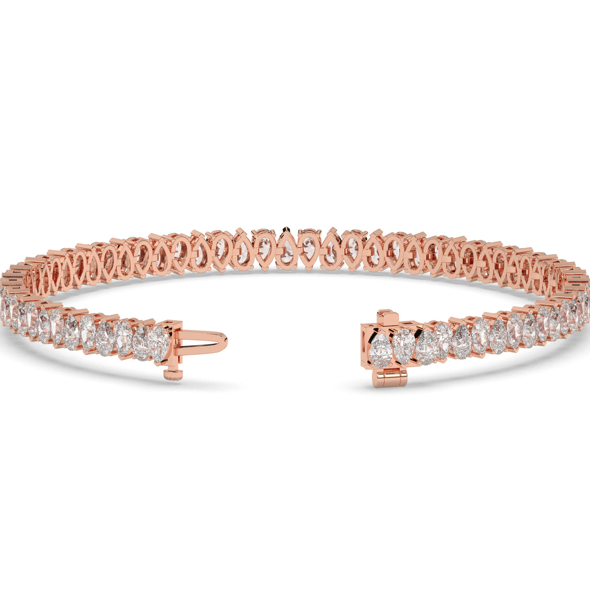 Sina upright pear lab-grown diamond tennis bracelet in 14K (585) rose gold, clasp open, detail view 