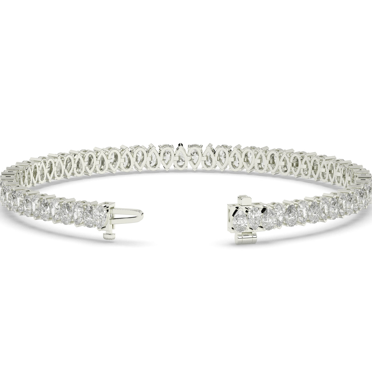 Sina upright pear lab-grown diamond tennis bracelet in 14K (585) white gold, clasp open, detail view 