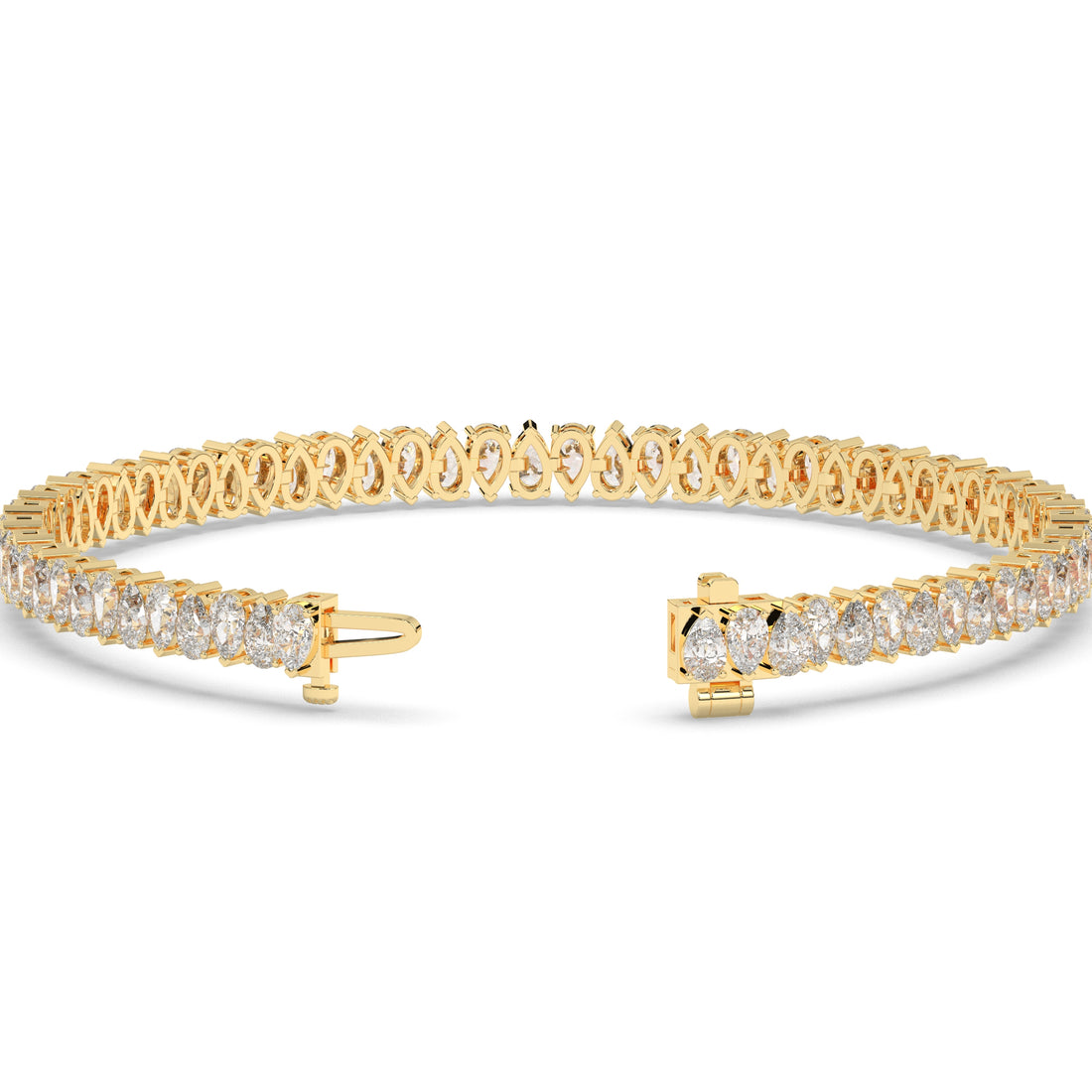 Sina Tennisarmband mit Labordiamanten im Tropfenschliff (längs gefasst) aus 585 Gelbgold, Verschluss geöffnet, Detailansicht 