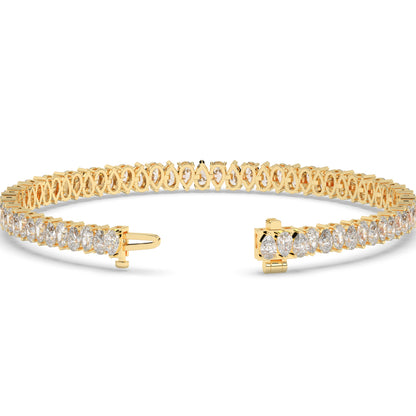 Sina upright pear lab-grown diamond tennis bracelet in 14K (585) yellow gold, clasp open, detail view 