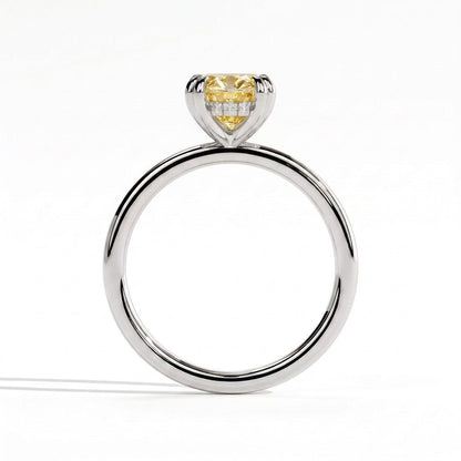 Fancy Vivid Yellow oval lab-grown diamond double claw engagement ring with hidden halo in 14K (585) white gold, side profile showing the hidden halo 