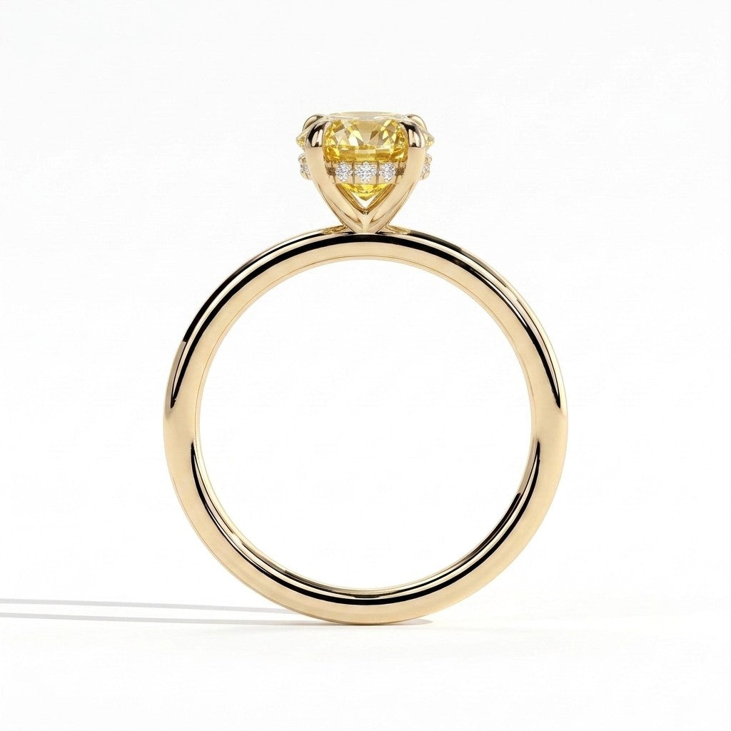 Fancy Vivid Yellow oval lab-grown diamond double claw engagement ring with hidden halo in 14K (585) yellow gold, side profile showing the hidden halo 
